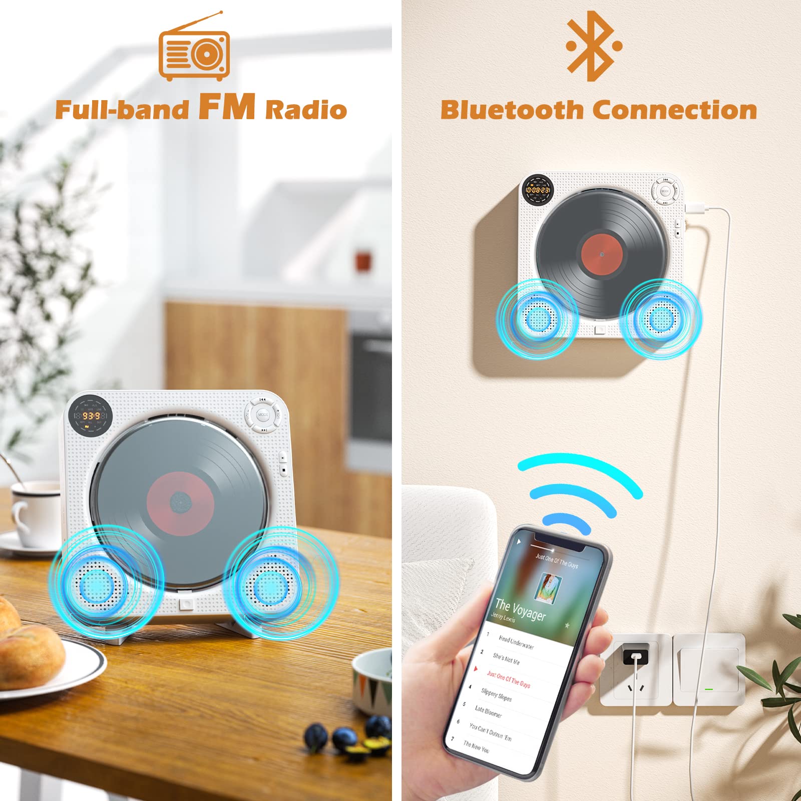 Cd Player Portable, Bluetooth Cd Player With Speakers Wall Cd Player For Home Rechargeable With Remote Control Fm Radio Digital